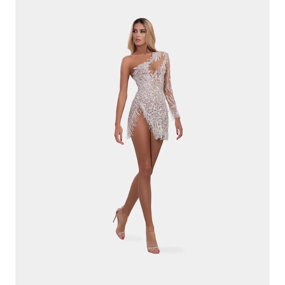 Albina Dyla Short Silver One Sleeved Dress